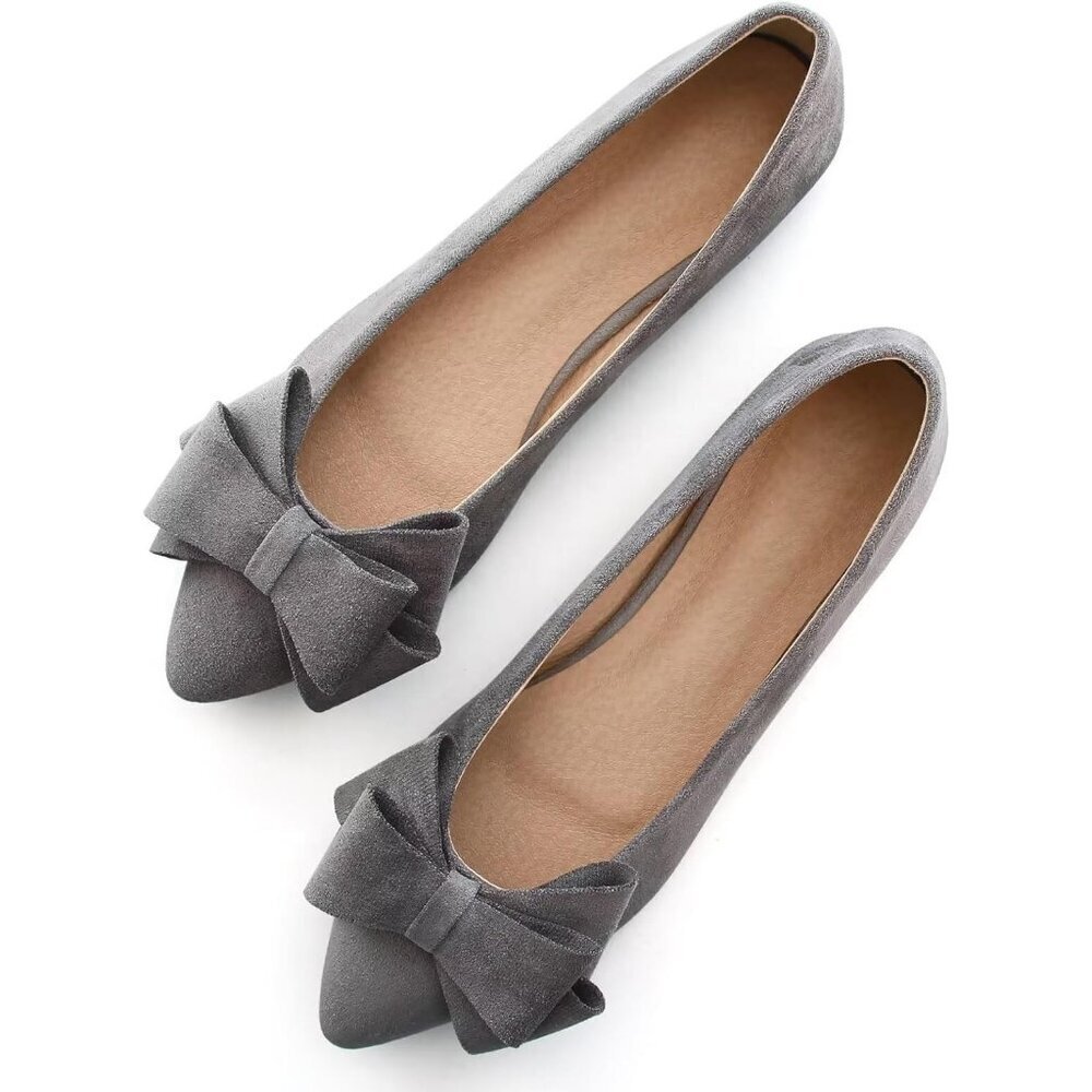 Women's Grey Bowknot Ballet Flats Pointy Toe Casual Flat Shoes Suede